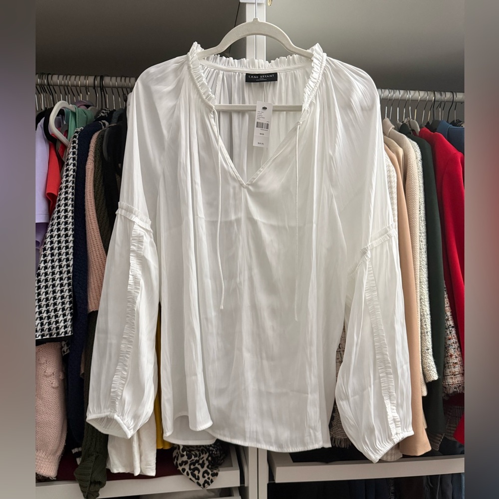 Lane Bryant White Peasant Blouse with V-Neck